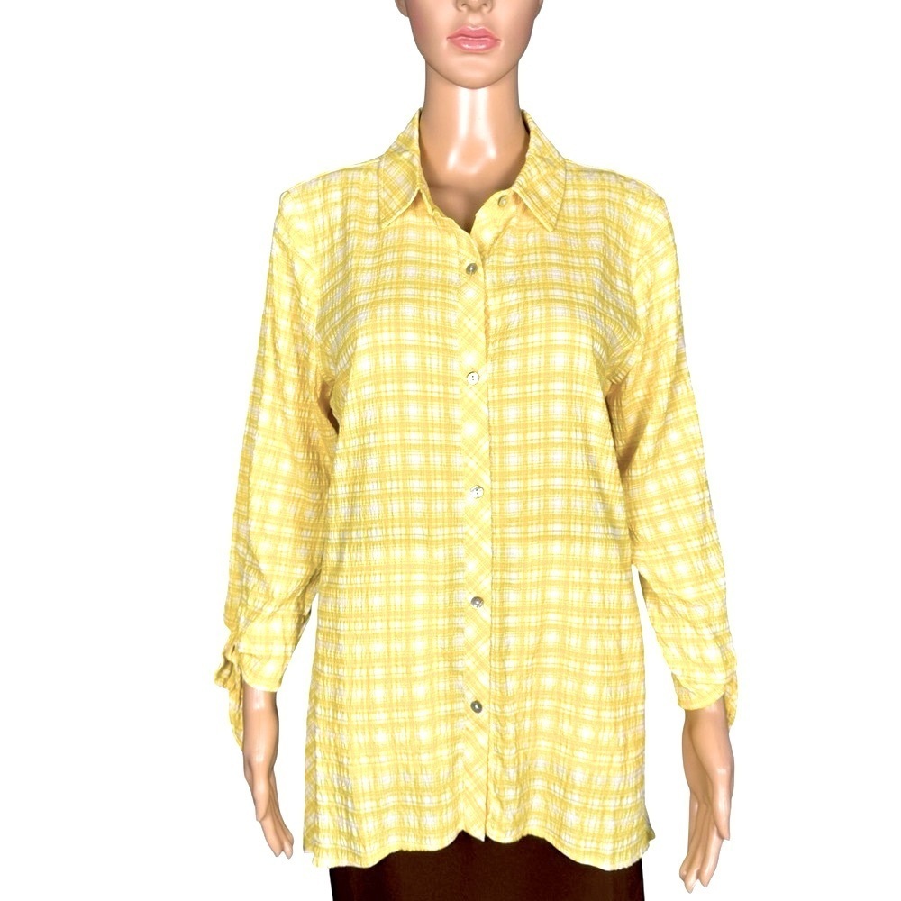 New Susan Graver Yarn Dyed Button Front Yellow Plaid Shirt A479195 Size S - Picture 2 of 12